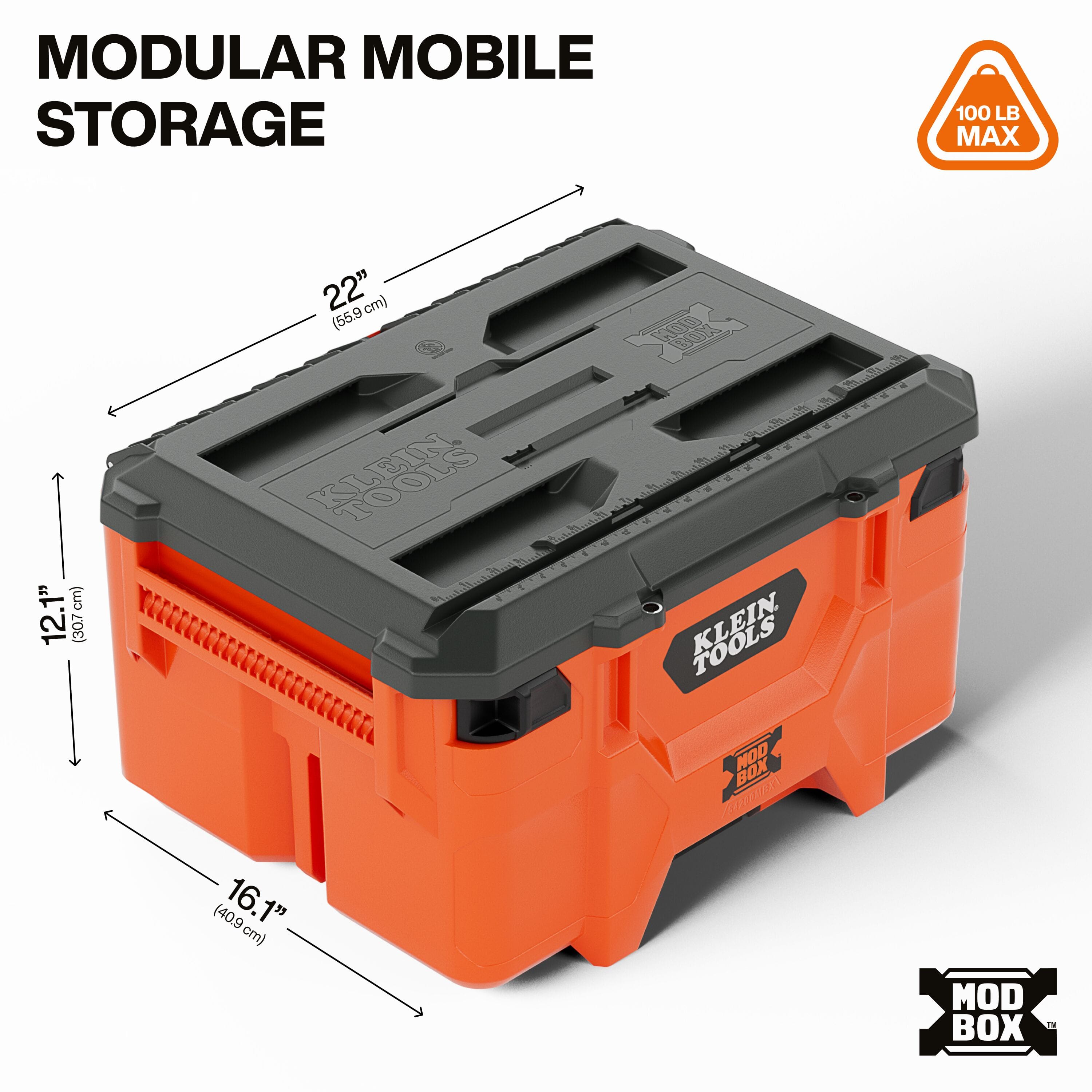 Dimensional infographic for the Klein Tools medium toolbox showing a 100 lb max load capacity, 22-inch length, 16.1-inch width, and 12.1-inch height for modular storage.