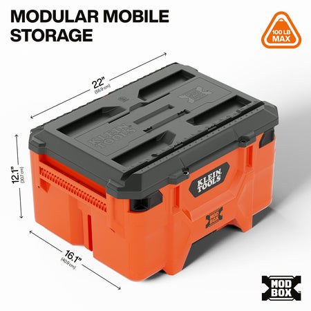 Dimensional infographic for the Klein Tools medium toolbox showing a 100 lb max load capacity, 22-inch length, 16.1-inch width, and 12.1-inch height for modular storage.