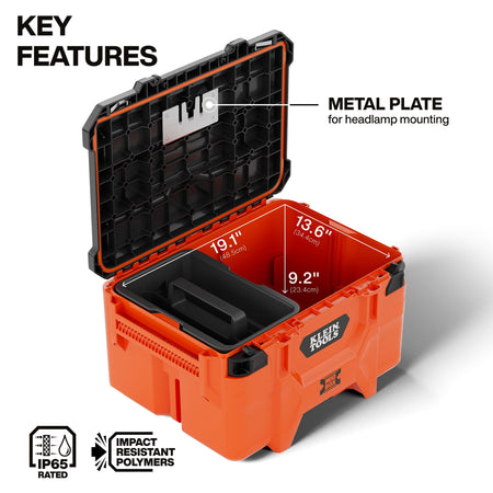 Open view of the MODbox medium toolbox highlighting the 19.1-inch by 13.6-inch interior dimensions, removable tool caddy, and a metal plate under the lid for headlamp mounting.