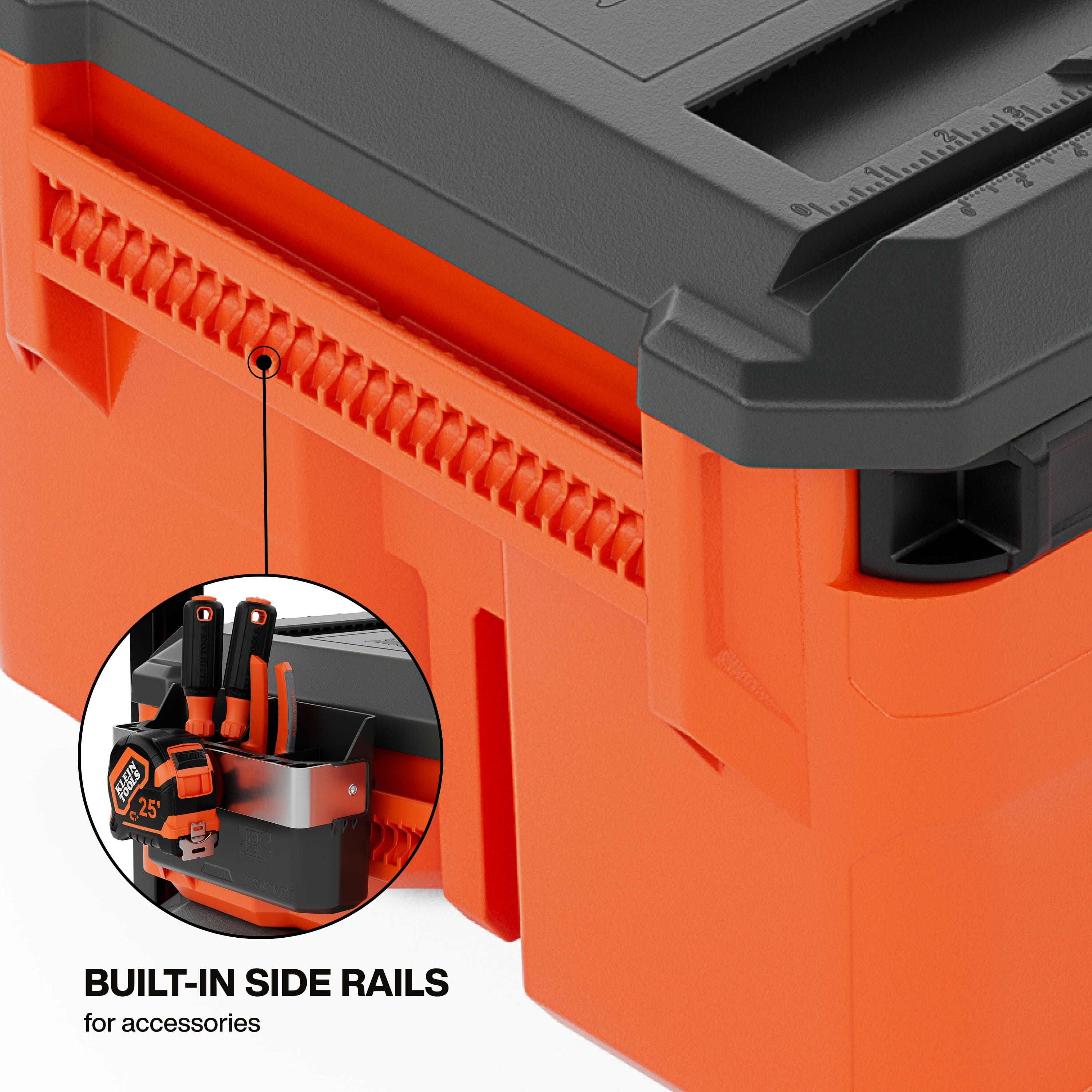 Detail shot of the built-in side rails on the MODbox medium toolbox demonstrating how modular accessories like tool cups and tape measure holders attach to the exterior.