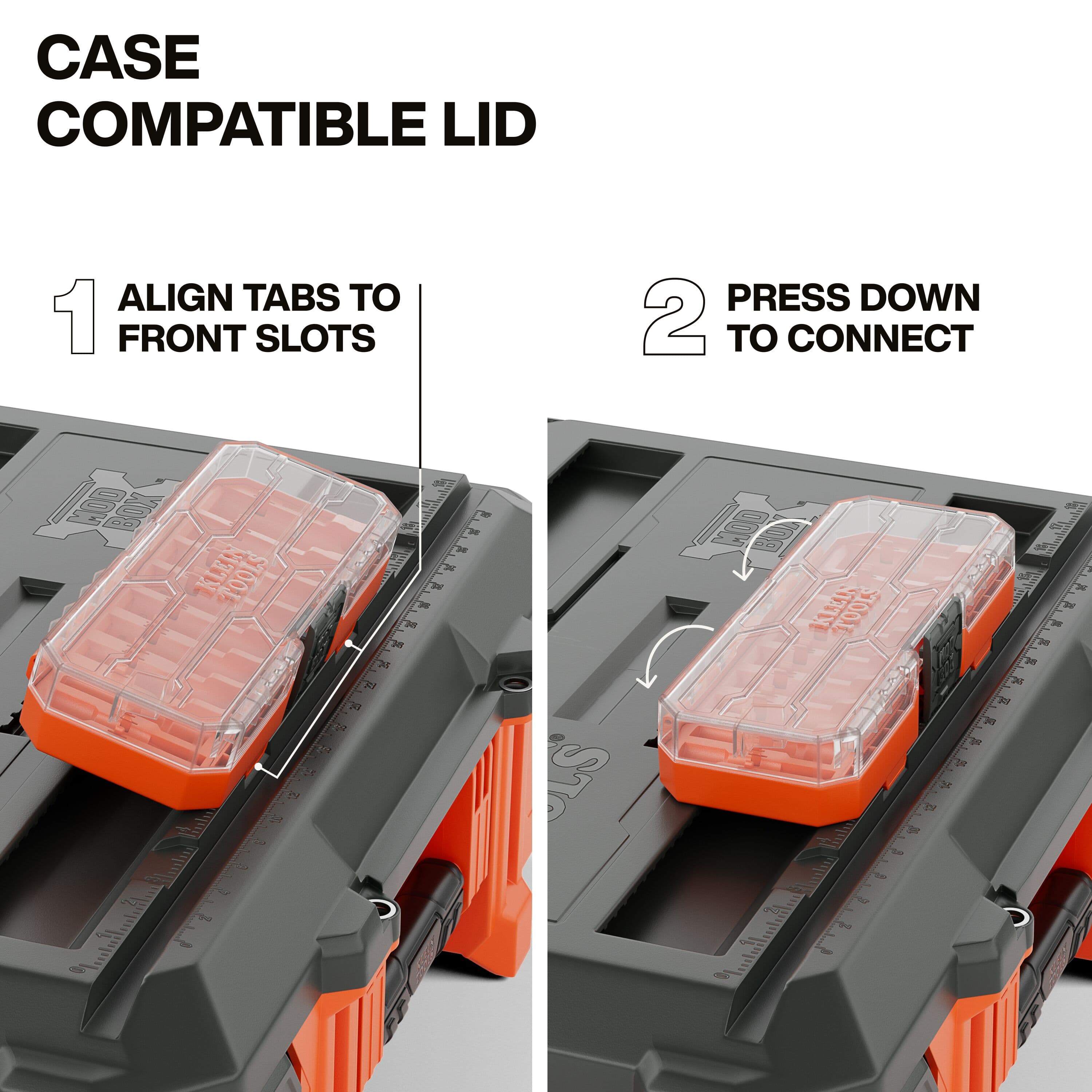 Two-step instructional graphic showing how to connect an accessory case to the MODbox lid by aligning tabs to the front slots and pressing down to secure the connection.