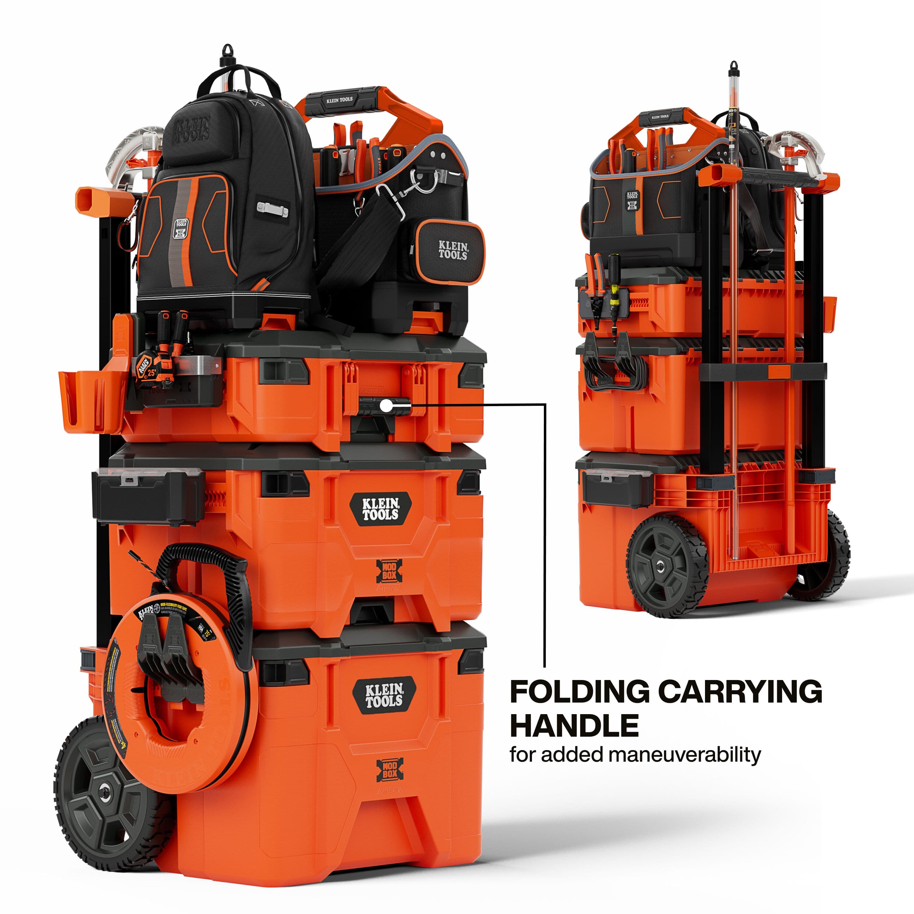 Infographic showing a fully stacked Klein Tools MODbox system with a backpack and tote, highlighting the folding carrying handle on the small toolbox for added maneuverability.