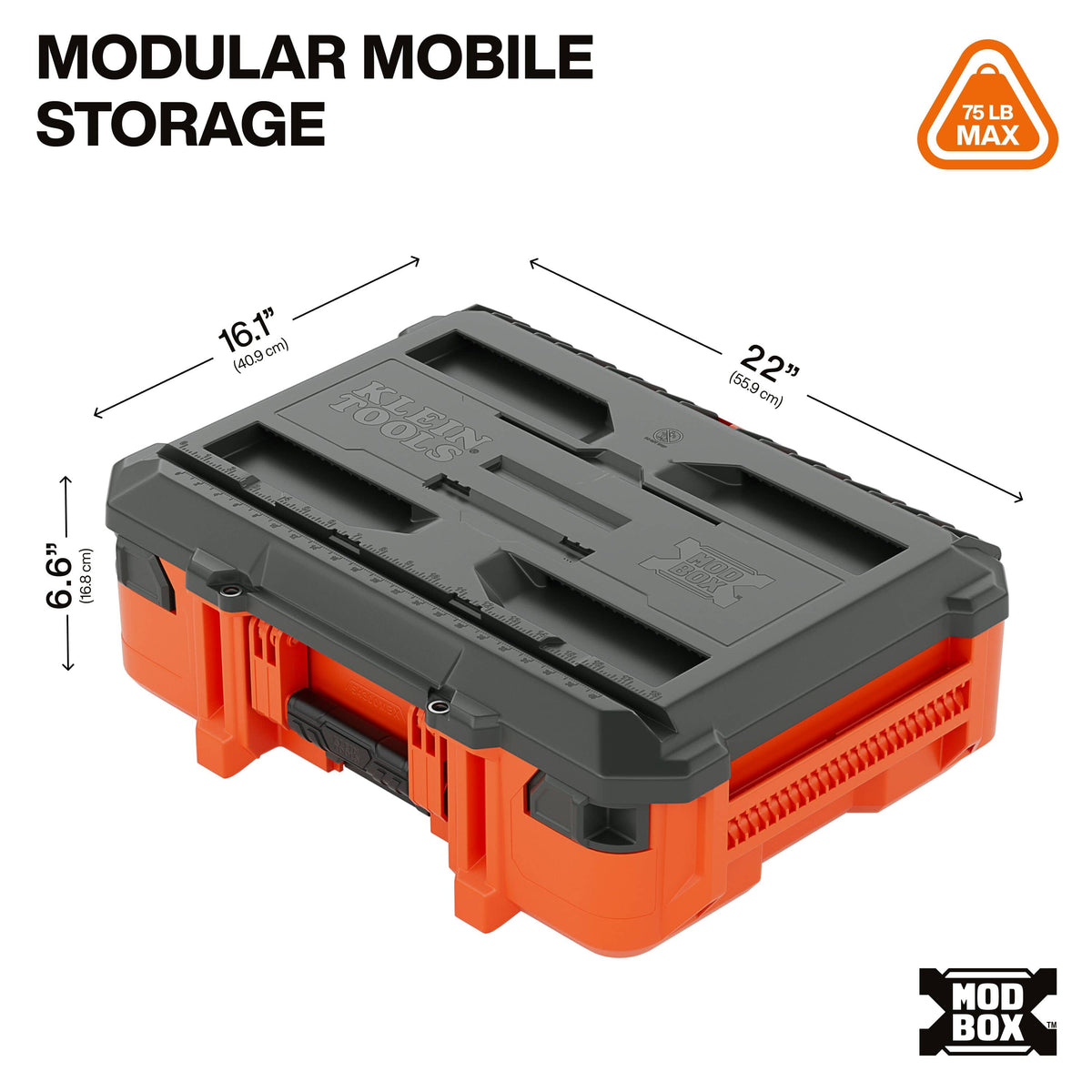 Dimensional infographic for the MODbox small toolbox showing a 75 lb max load capacity, 22-inch length, 16.1-inch width, and a low-profile 6.6-inch height.