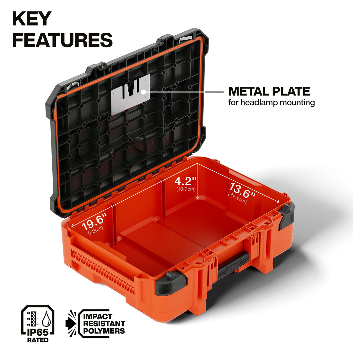 Open view of the MODbox small toolbox highlighting the 19.6-inch by 13.6-inch interior storage area and the integrated metal plate on the underside of the lid for headlamp mounting.
