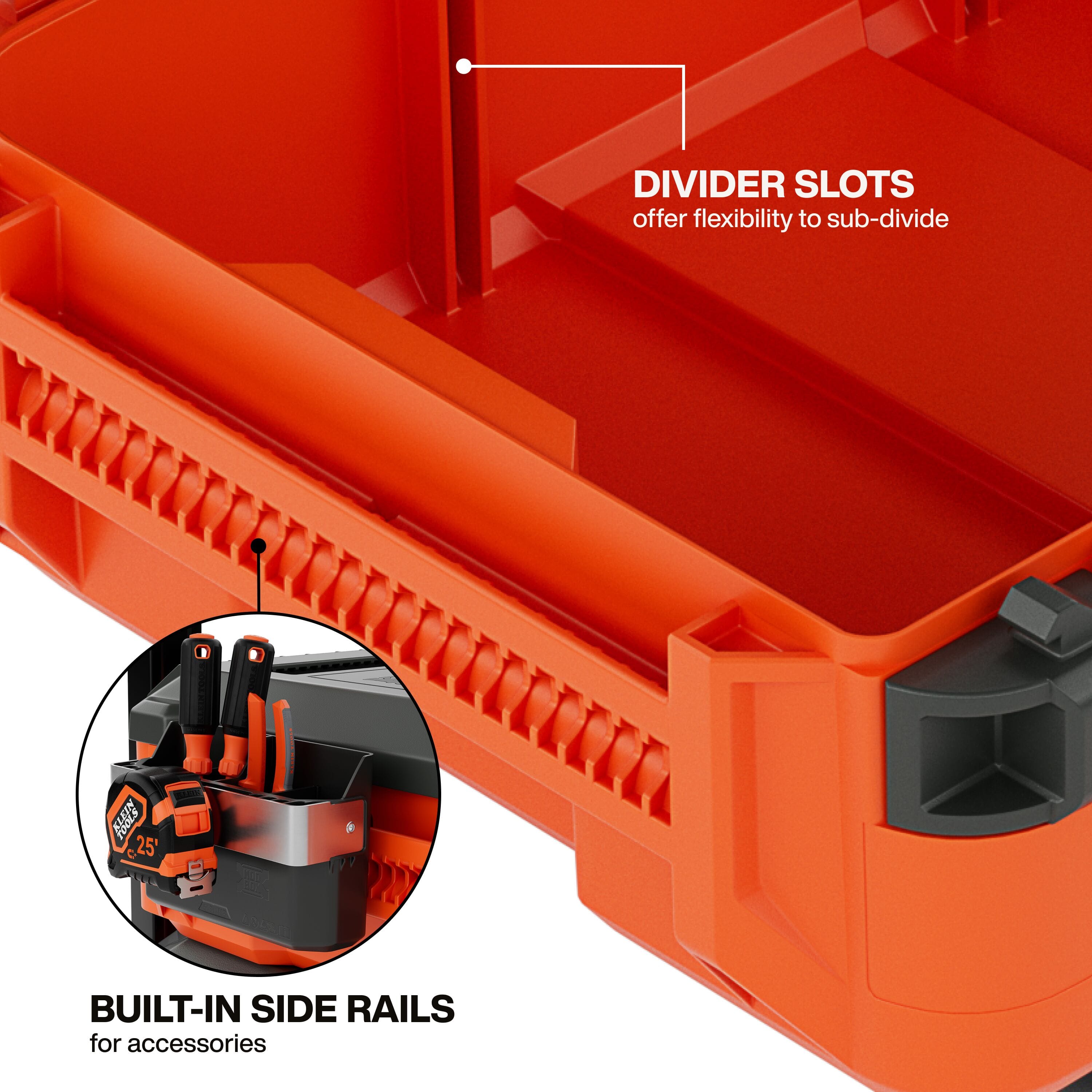 Internal detail shot of the Klein Tools small toolbox showcasing the divider slots for sub-dividing storage and a circular detail of the built-in side rails for mounting accessories.