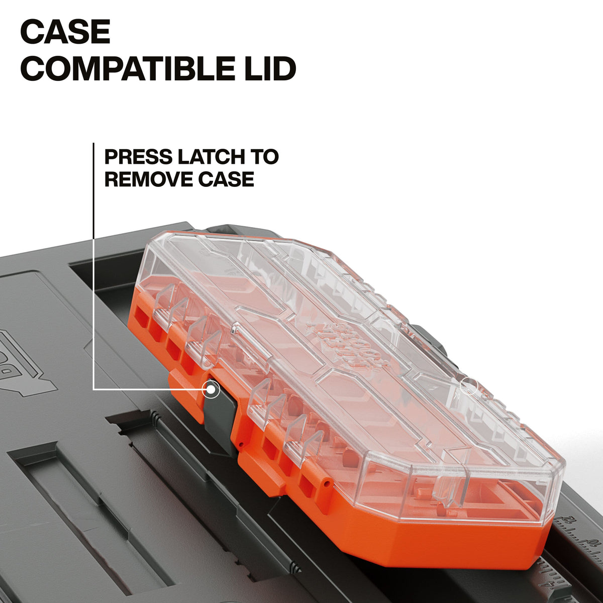 Detailed view of the modular locking system on the workstation lid showing the release latch mechanism used to remove secondary storage cases.