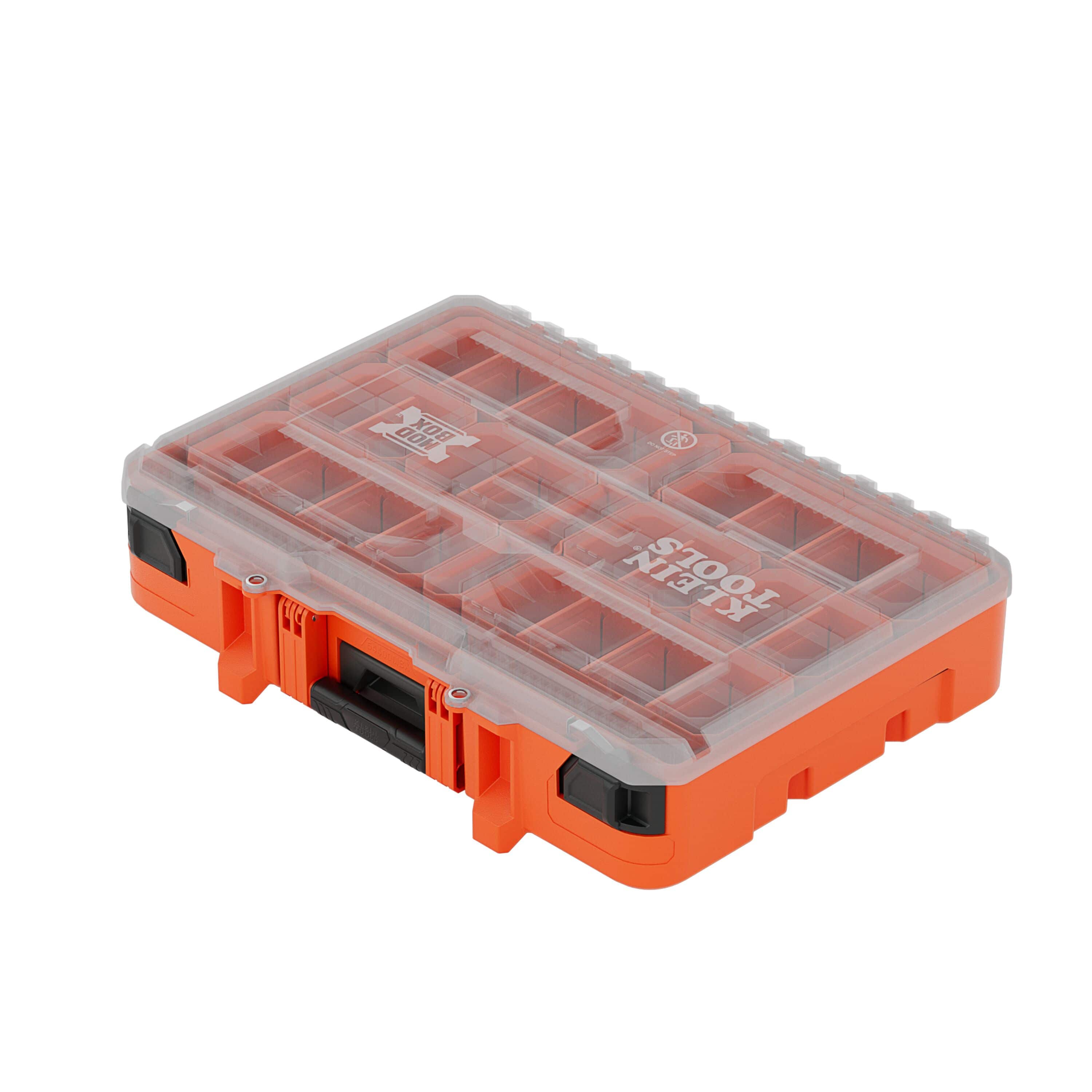 Perspective view of the orange Klein Tools 54400MBX MODbox full width component box featuring a clear impact-resistant lid and heavy-duty front latches for small parts organization.
