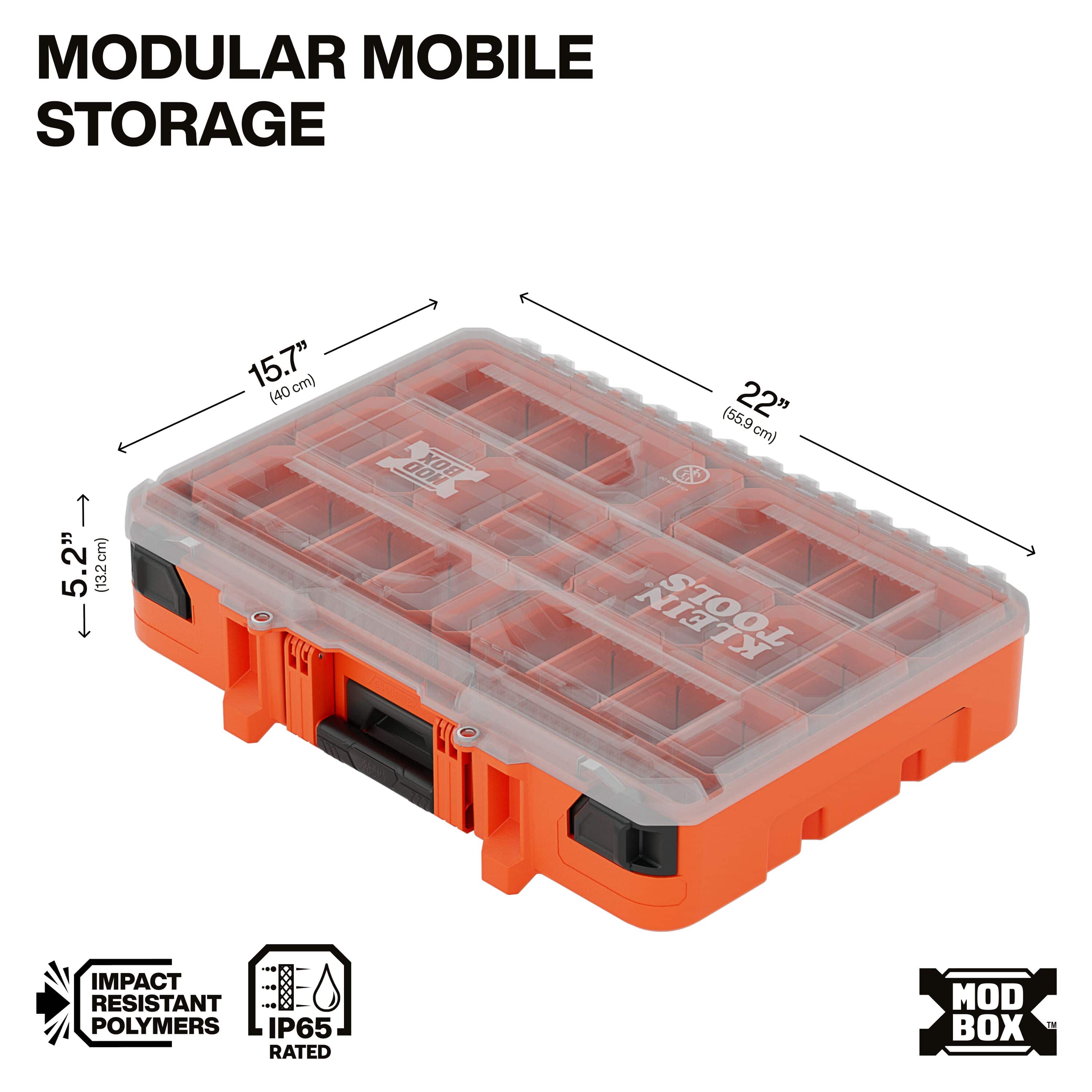 Dimensional infographic for the MODbox component box highlighting a 40 lb max load capacity, 22-inch length, 15.7-inch width, and a slim 5.2-inch height with IP65 rated protection.