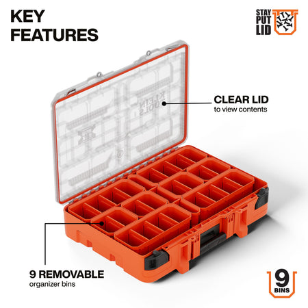 Open view of the Klein Tools component box showcasing the 9 removable organizer bins and the stay-put clear lid designed to view contents while preventing part migration.