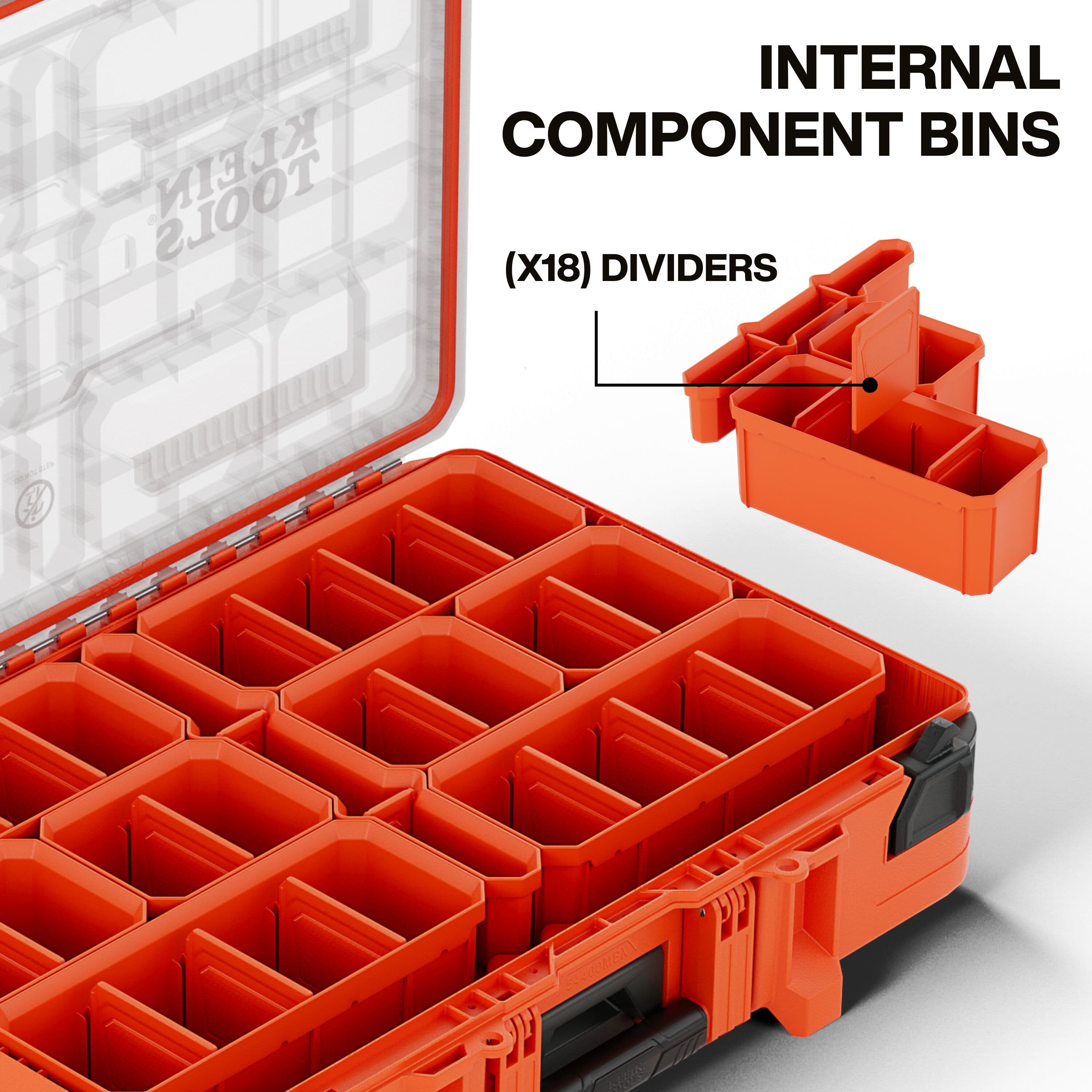 Detailed view of the internal component bins for the MODbox 54400MBX illustrating the 18 adjustable dividers that provide flexible storage for various small parts and hardware.