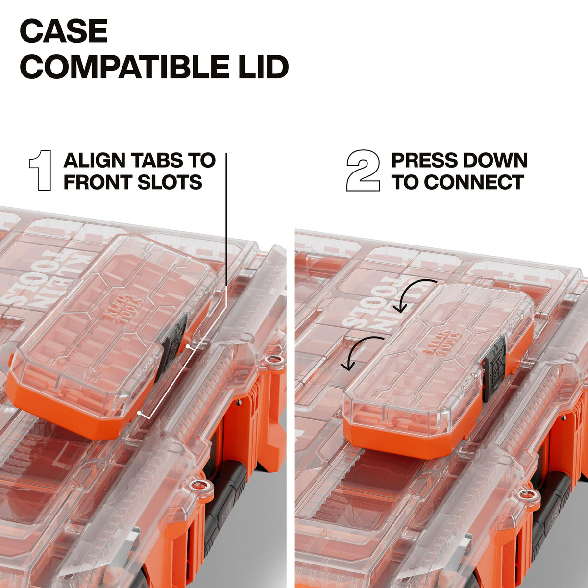 Two-step instructional graphic demonstrating how to align tabs and press down to securely connect modular accessory cases to the MODbox case-compatible workstation lid.
