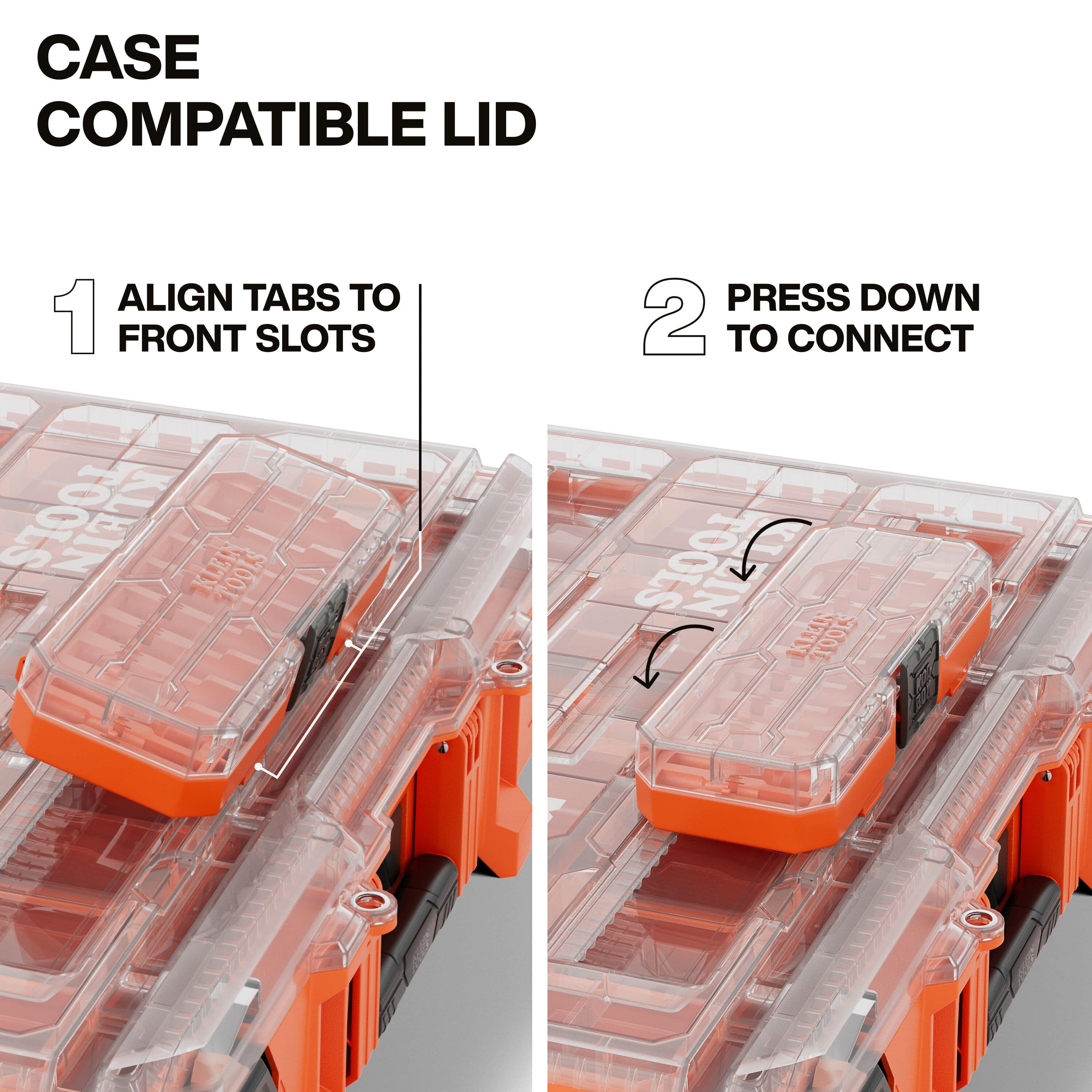 Two-step instructional graphic demonstrating how to align tabs and press down to securely connect modular accessory cases to the MODbox case-compatible workstation lid.