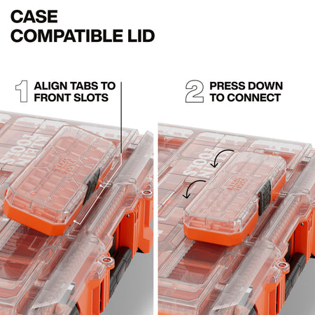 Two-step instructional graphic demonstrating how to align tabs and press down to securely connect modular accessory cases to the MODbox case-compatible workstation lid.