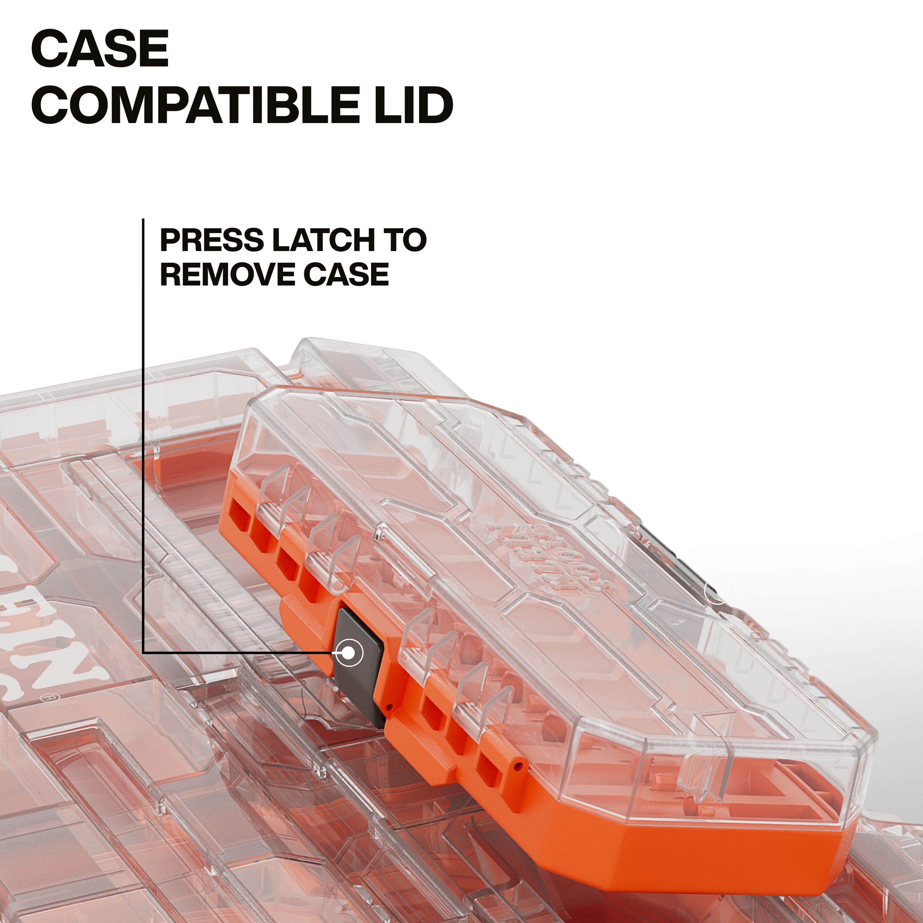 Close-up detail of the modular locking system on the clear lid showing the release latch used to detach smaller storage cases from the full-width component box.