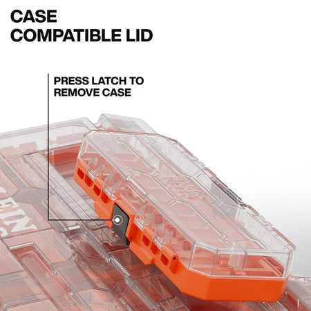 Close-up detail of the modular locking system on the clear lid showing the release latch used to detach smaller storage cases from the full-width component box.