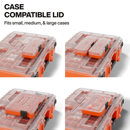 Four-panel versatility graphic showing the MODbox workstation lid supporting different configurations of small, medium, and large accessory cases for a customized setup.