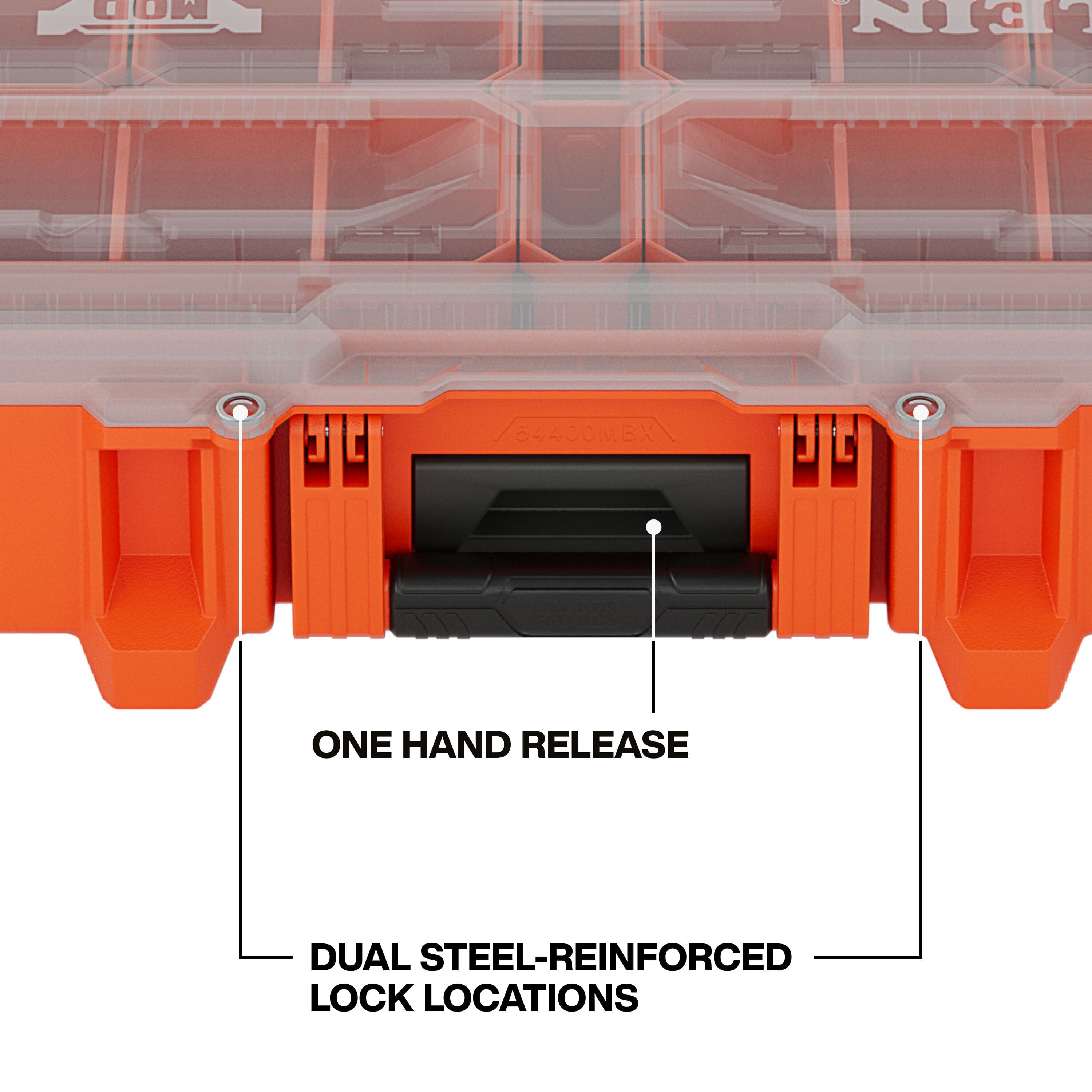 Detailed front view of the 54400MBX component box highlighting the one-hand release mechanism and the dual steel-reinforced lock locations for enhanced jobsite security.