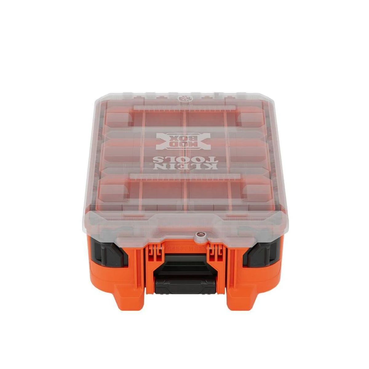 Front perspective view of the orange Klein Tools 54500MBX MODbox half-width tall component box featuring a clear impact-resistant lid and heavy-duty front latches for small parts organization.