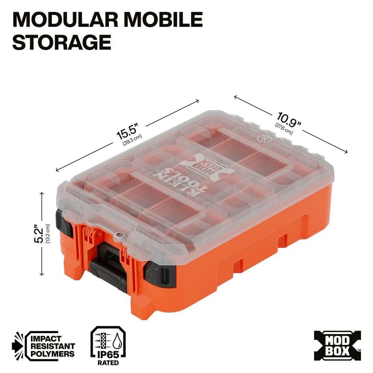Dimensional infographic for the MODbox half-width component box highlighting the IP65 rated protection, 15.5-inch length, 10.9-inch width, and 5.2-inch depth for modular storage.
