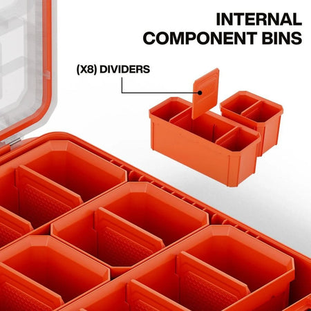 Detailed view of the internal component bins for the 54500MBX illustrating the 8 adjustable dividers that provide flexible high-capacity storage for fasteners and electrical connectors.