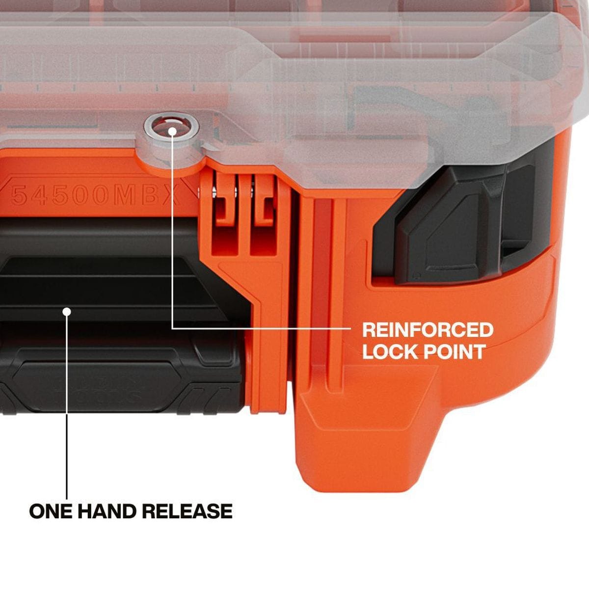 Close-up detail of the front of the tall component box highlighting the one-hand release mechanism and the dual steel-reinforced lock locations for enhanced jobsite security.
