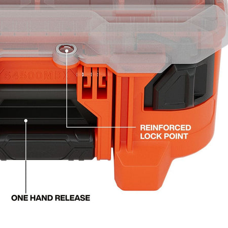 Close-up detail of the front of the tall component box highlighting the one-hand release mechanism and the dual steel-reinforced lock locations for enhanced jobsite security.