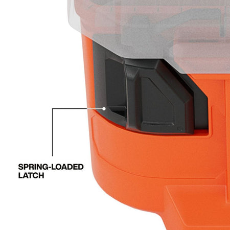 Detailed side view of the Klein Tools half-width component box showing the heavy-duty spring-loaded latch system designed for secure lid closure in industrial environments.
