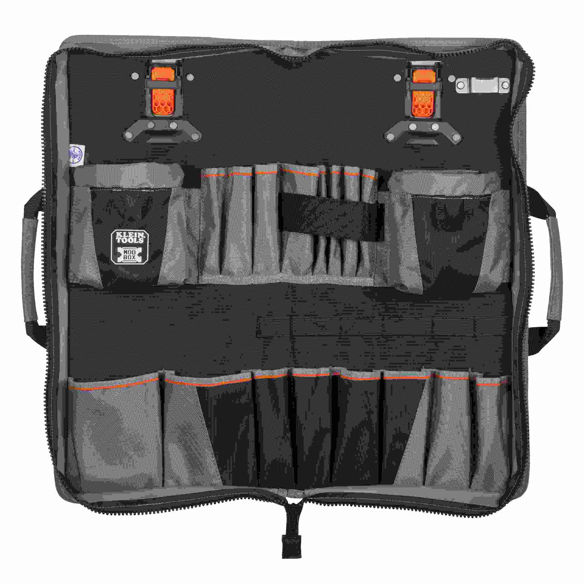 An open, multi-pocket tool apron made of durable black and gray fabric. It features several rows of pockets in various sizes, two secure clip-on attachment points at the top, and a full-perimeter zipper for closing the organizer.