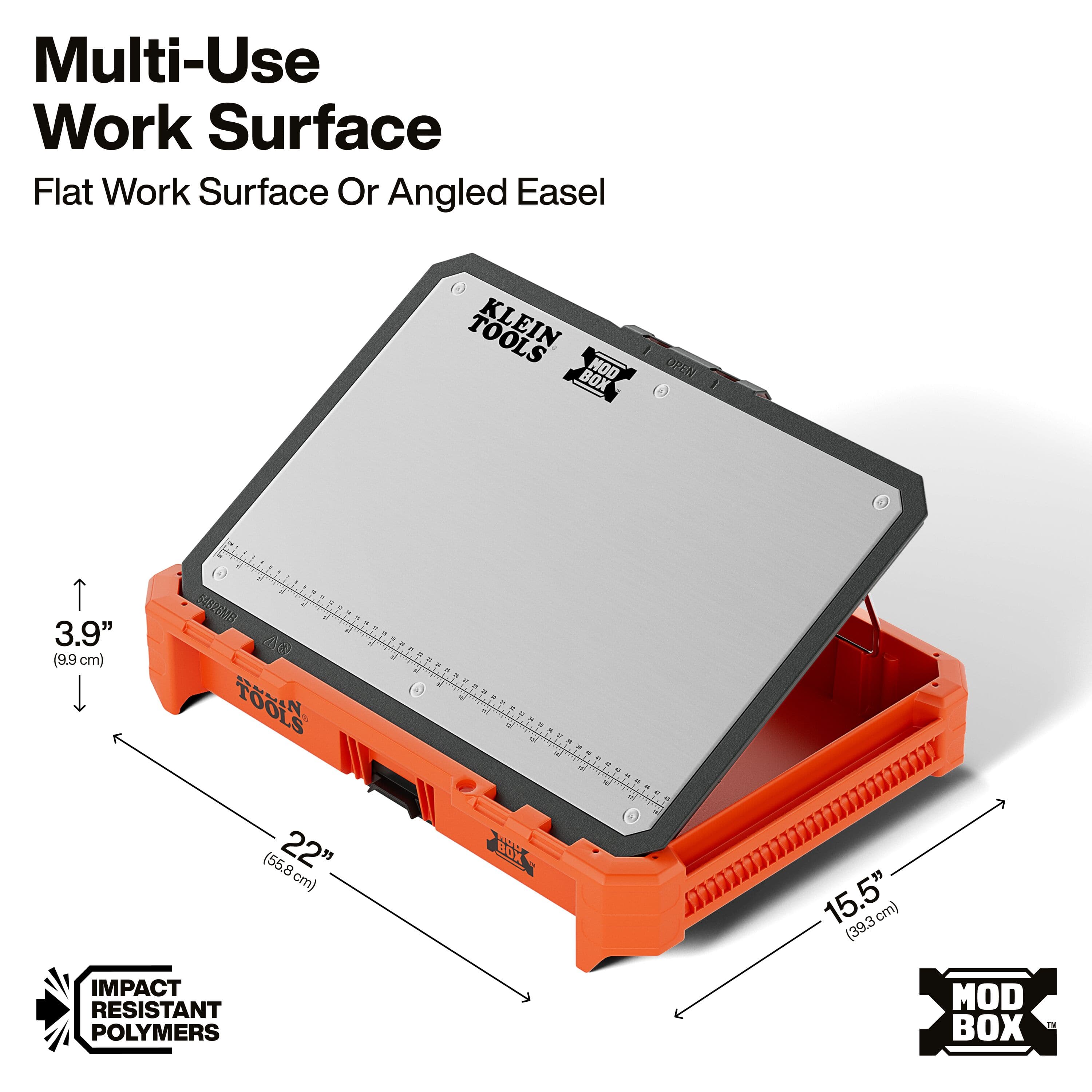 Dimensional infographic of the MODbox work surface showing the multi-use design as a flat worktop or angled easel, with a 22-inch length, 15.5-inch width, and 3.9-inch profile height.