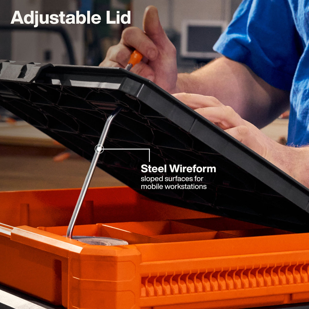 Detail shot of the adjustable lid and steel wireform support system that creates a sloped surface for mobile workstations and prevents documents from sliding off.