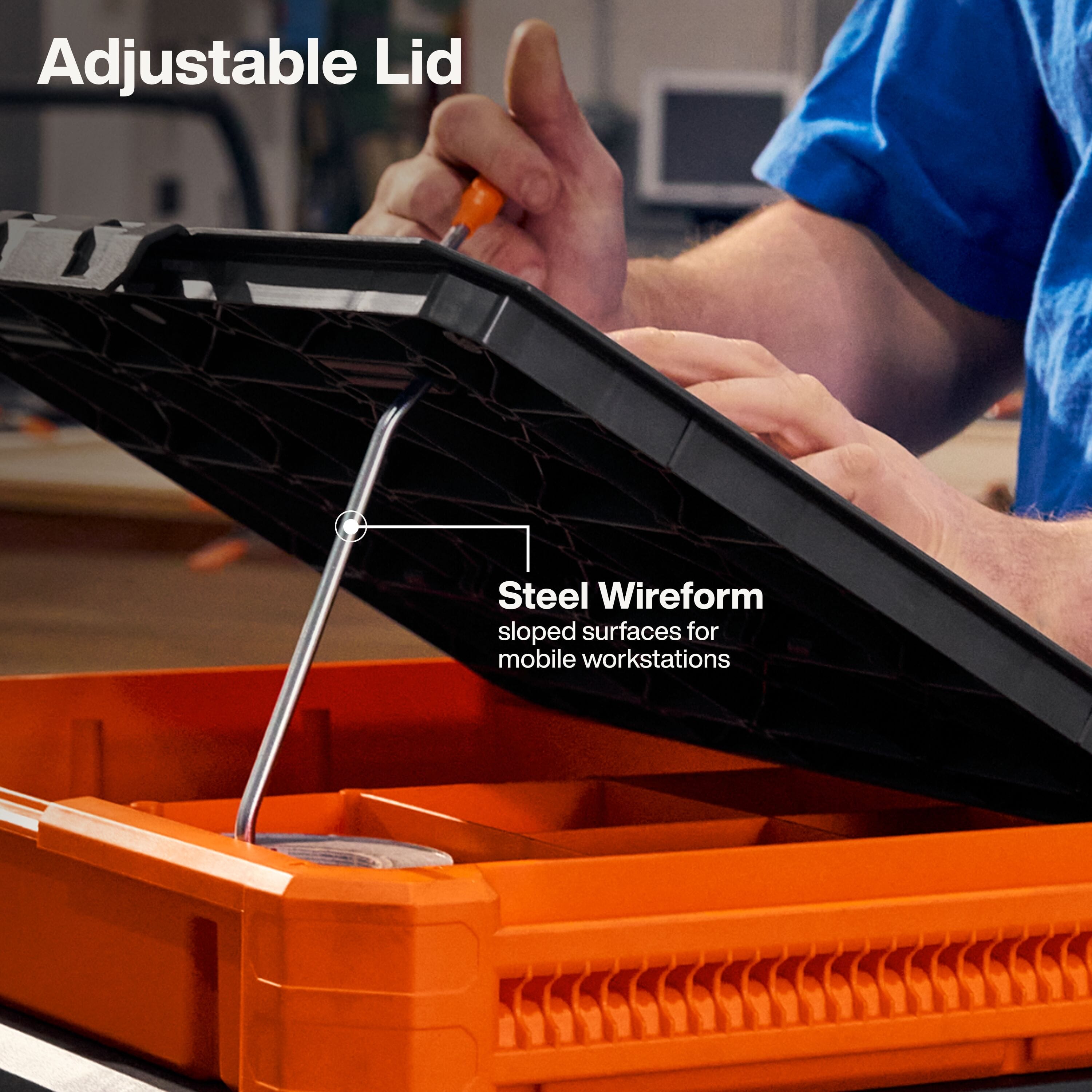 Detail shot of the adjustable lid and steel wireform support system that creates a sloped surface for mobile workstations and prevents documents from sliding off.
