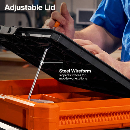 Detail shot of the adjustable lid and steel wireform support system that creates a sloped surface for mobile workstations and prevents documents from sliding off.