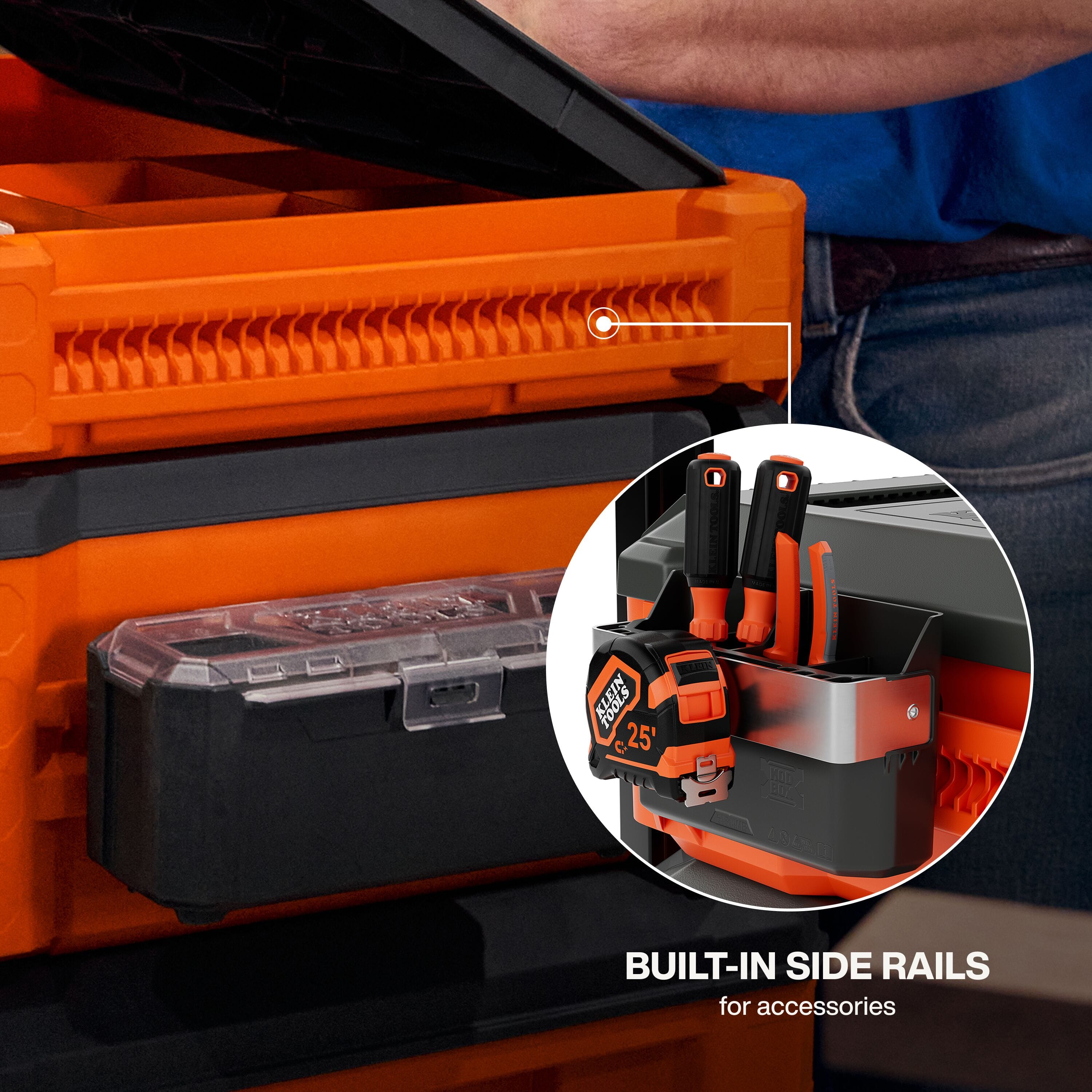 Action detail showing the built-in side rails of the MODbox tray system with an attached accessory cup holding screwdrivers, pliers, and a tape measure for quick access.