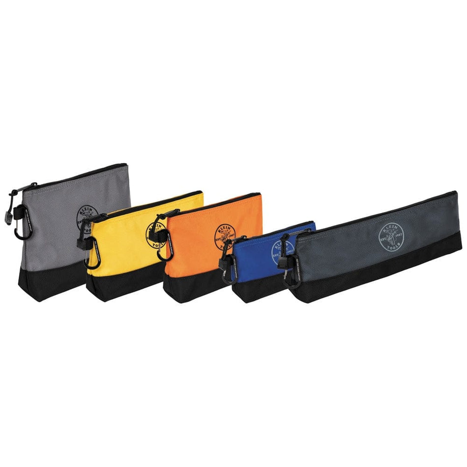 A set of five Klein Tools stand-up zipper bags in varying sizes and colors including light gray, yellow, orange, royal blue, and dark gray, each featuring a black reinforced base and an attached carabiner.