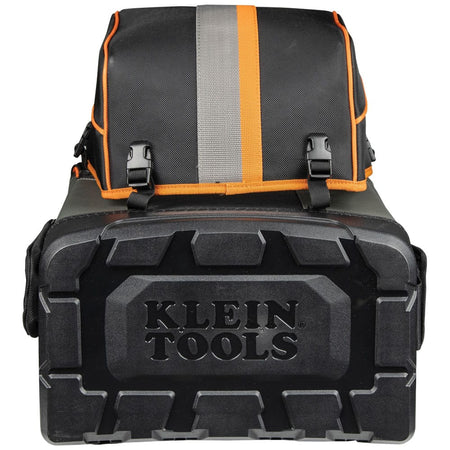 A studio back view of the Klein Tools Tradesman Pro backpack. The image highlights the heavily padded ergonomic shoulder straps and the breathable mesh back panel designed for comfort when carrying heavy ironworker tools and equipment.