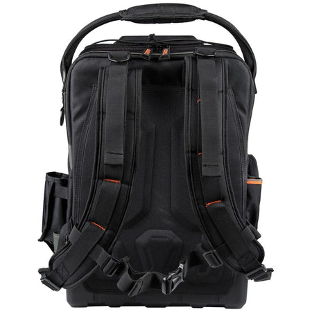 A studio back view of the Klein Tools Tradesman Pro backpack. The image highlights the heavily padded ergonomic shoulder straps and the breathable mesh back panel designed for comfort when carrying heavy ironworker tools and equipment.