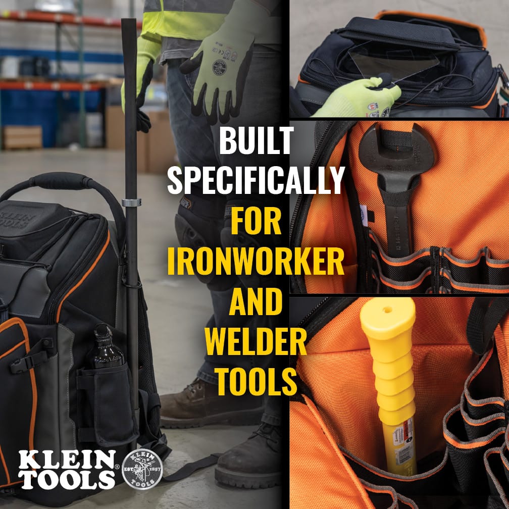 A composite marketing graphic showing specialized storage for ironworker tools. Labeled sections show dedicated space for a 36-inch connecting bar, custom internal straps for an 18-inch spud wrench, a pocket for a large hammer, and a protective hard pocket for welding lenses.