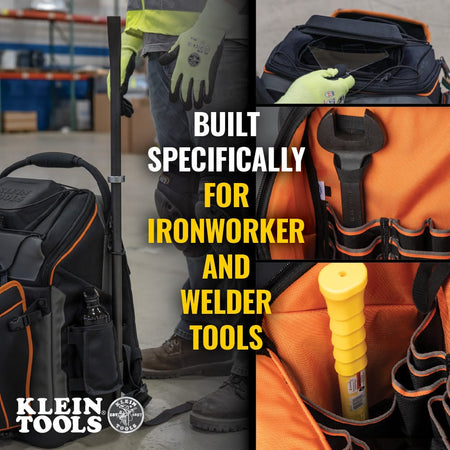 A composite marketing graphic showing specialized storage for ironworker tools. Labeled sections show dedicated space for a 36-inch connecting bar, custom internal straps for an 18-inch spud wrench, a pocket for a large hammer, and a protective hard pocket for welding lenses.