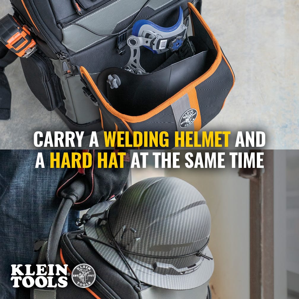 A split-screen marketing image demonstrating dual storage capability. The top half shows the front pocket holding a welding helmet harness, while the bottom half shows a hard hat secured to the exterior, proving the backpack can carry both essential safety items at the same time.