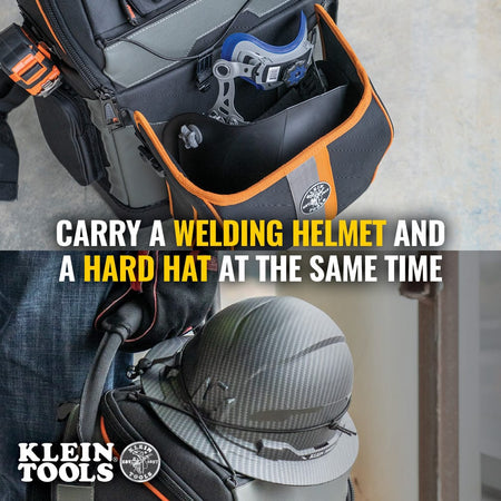 A split-screen marketing image demonstrating dual storage capability. The top half shows the front pocket holding a welding helmet harness, while the bottom half shows a hard hat secured to the exterior, proving the backpack can carry both essential safety items at the same time.