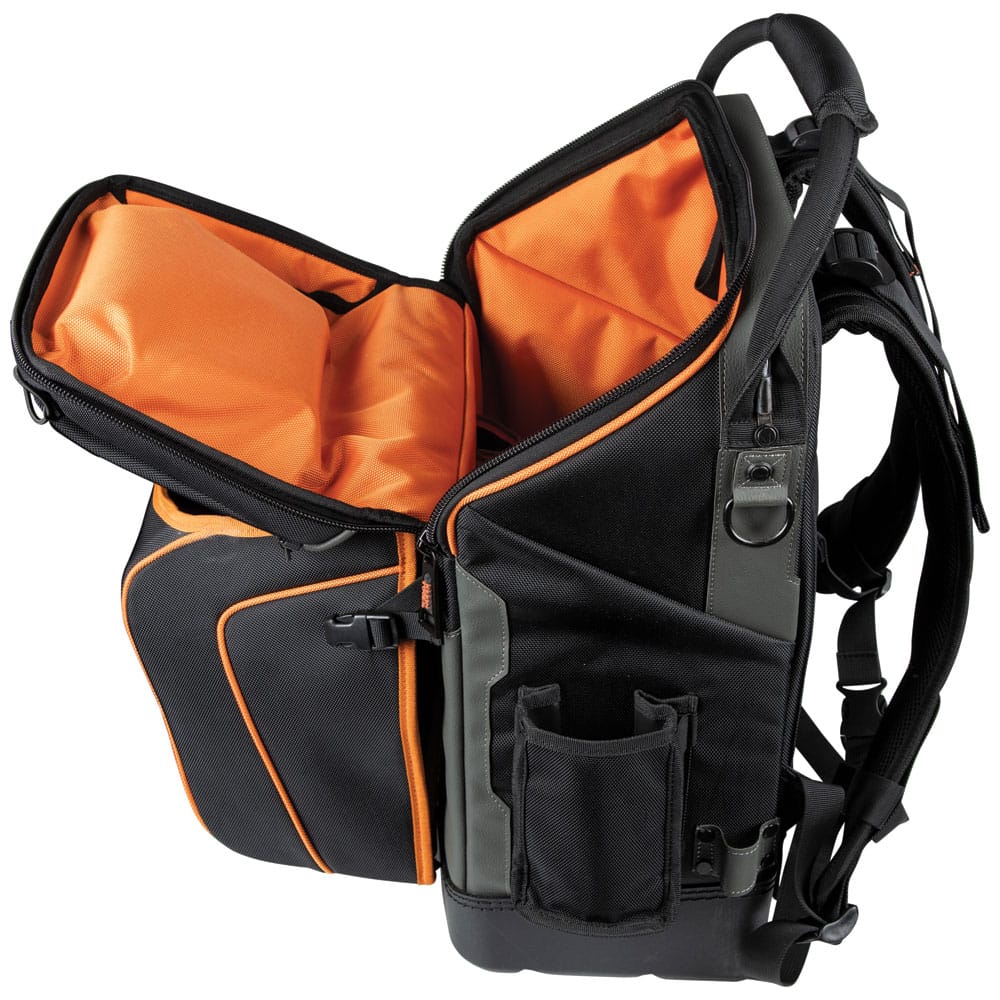 A right-side profile view of the ironworker backpack. The image highlights the exterior water bottle pocket, additional tool loops, and the heavy-duty construction of the ballistic weave material designed for professional jobsite durability.