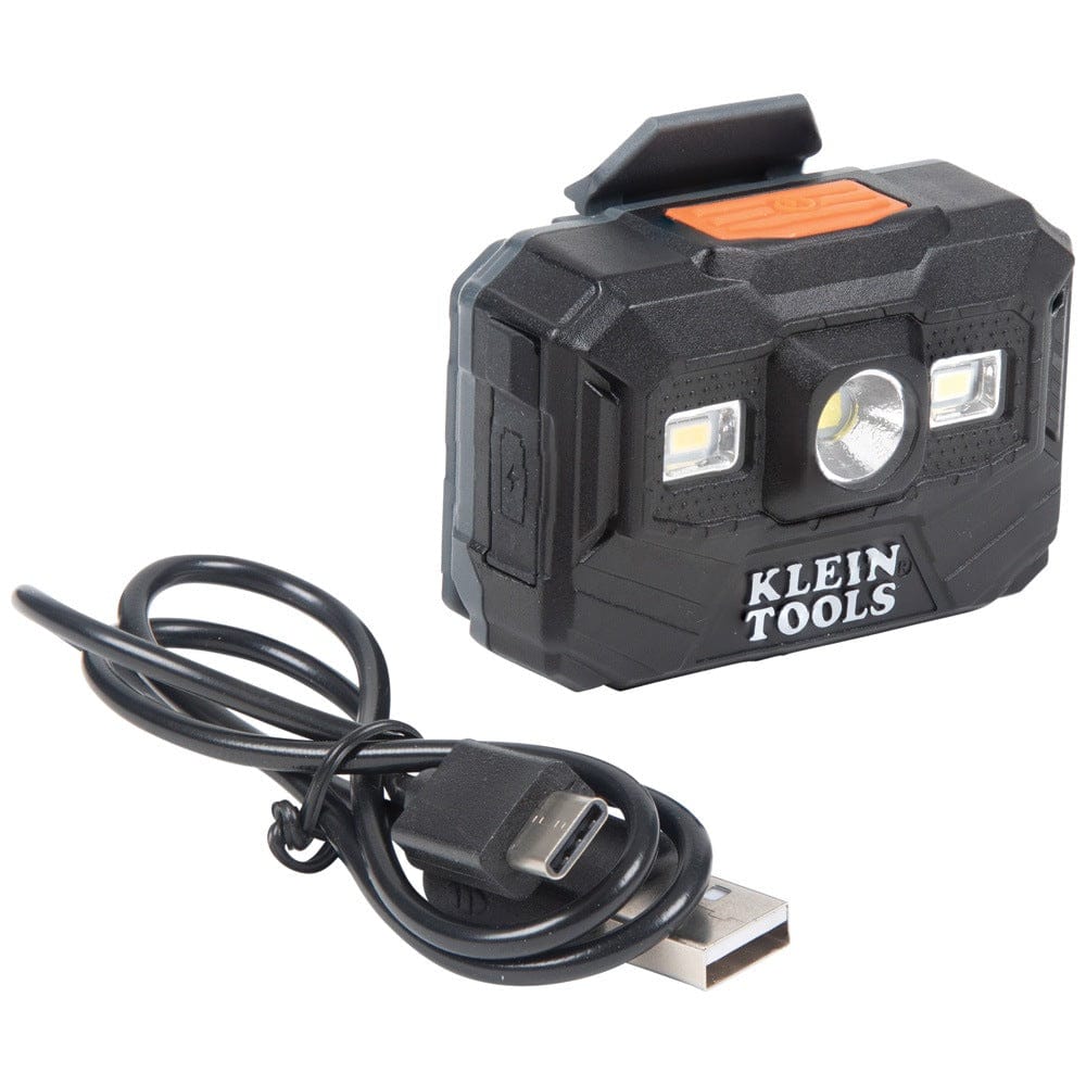 The Klein Tools rechargeable headlamp displayed alongside its included black USB-C charging cable.