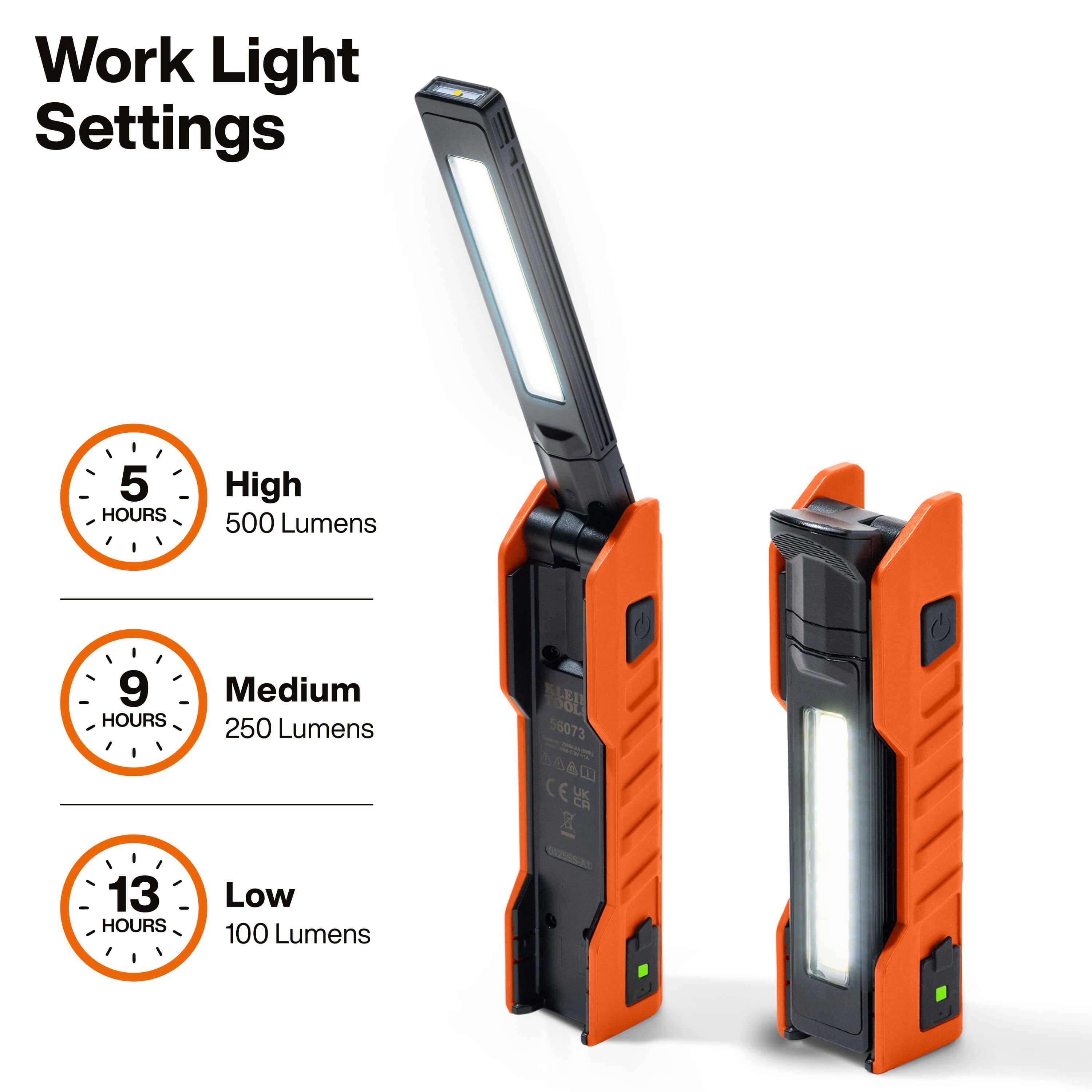 An infographic showcasing the three brightness settings of the COB LED work light: High at 500 lumens for 5 hours, Medium at 250 lumens for 9 hours, and Low at 100 lumens for a 13-hour runtime.