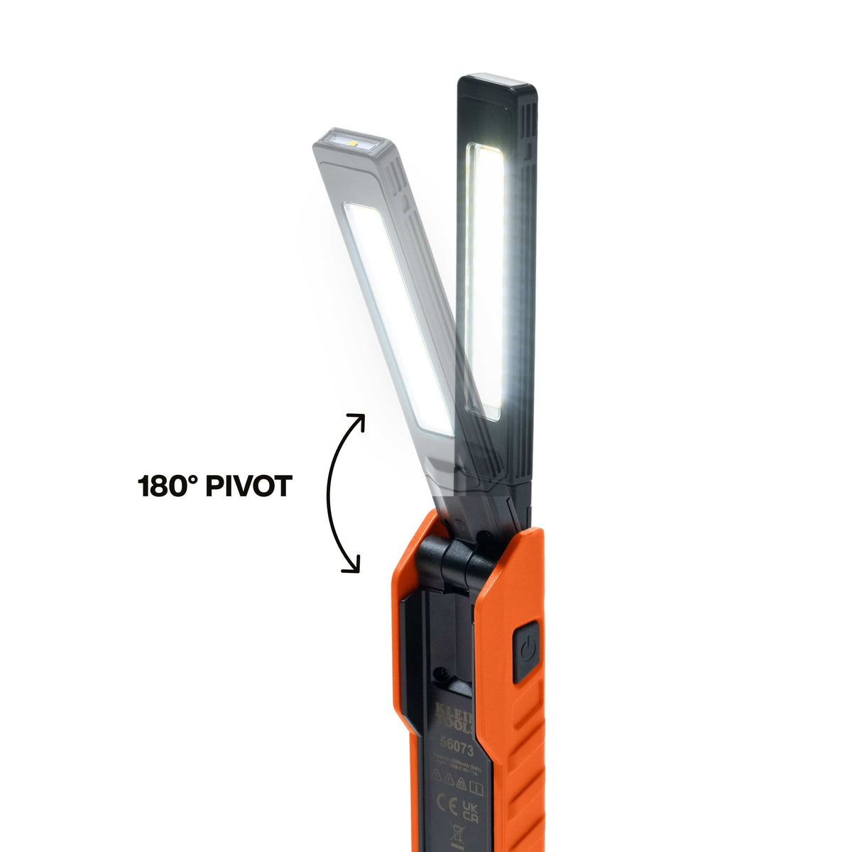 A technical graphic of the rechargeable flashlight demonstrating the 180-degree pivot hinge, which allows the dual-source LED head to adjust from a fully folded position to a straight handheld wand.