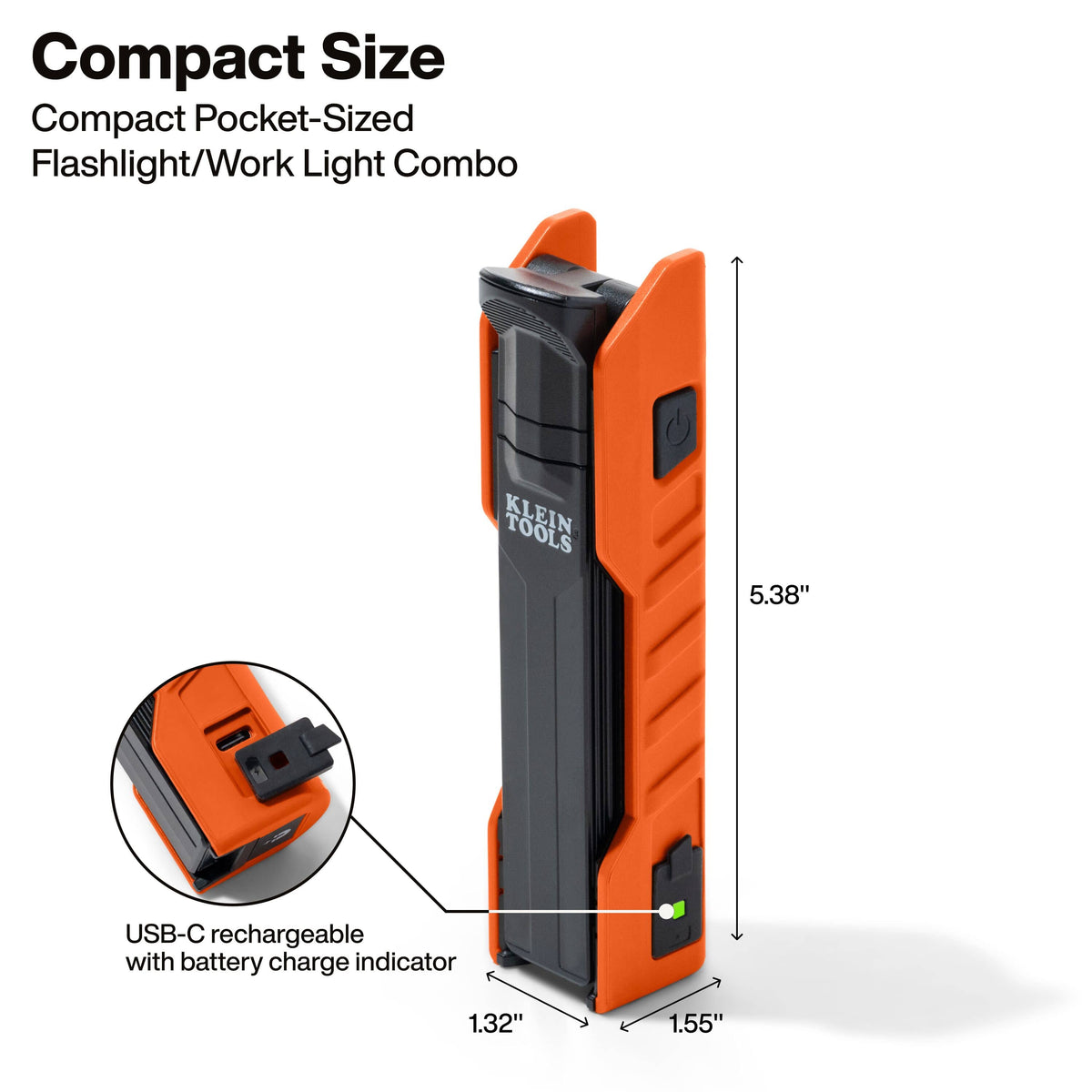 A studio shot of the foldable handheld work light in its closed position, detailing the compact 5.38-inch height and the USB-C charging port with an integrated green LED battery charge indicator.