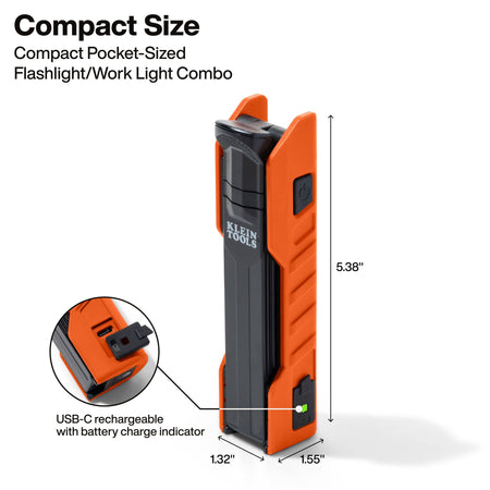 A studio shot of the foldable handheld work light in its closed position, detailing the compact 5.38-inch height and the USB-C charging port with an integrated green LED battery charge indicator.
