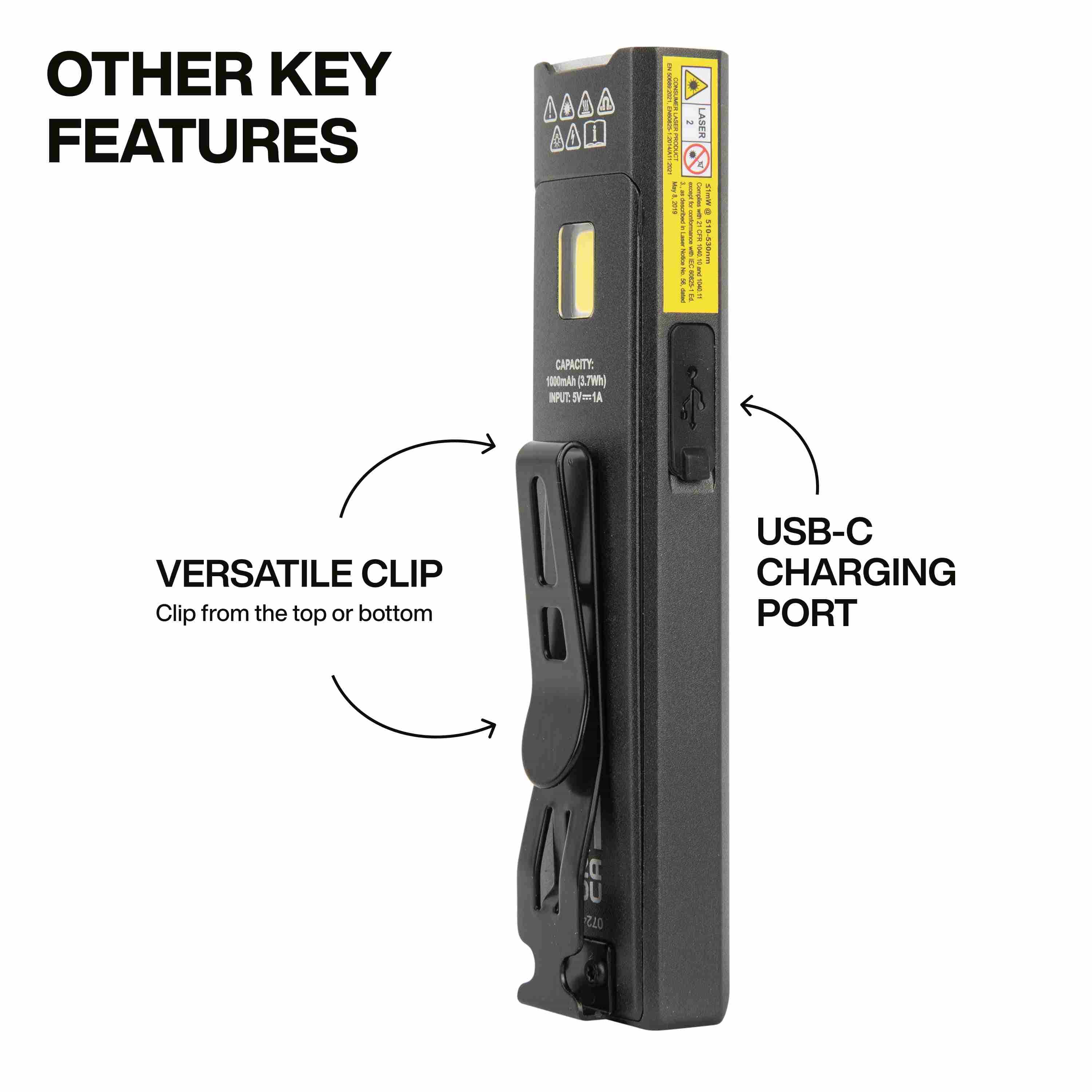 Infographic titled Other Key Features showing the side profile with a USB-C charging port and a versatile removable clip that can attach from the top or bottom of the flashlight.