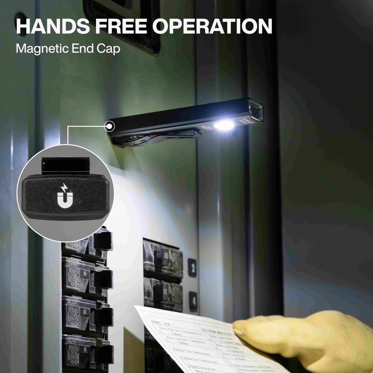 A view of the flashlight magnetically attached to a metal electrical panel door, using the side floodlight to illuminate a circuit schedule for hands-free operation.