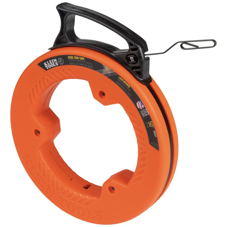 A side perspective view of the Klein Tools 56331 50-foot steel fish tape, featuring a high-visibility orange case, a large black multi-position handle, and a double-loop steel tape end.