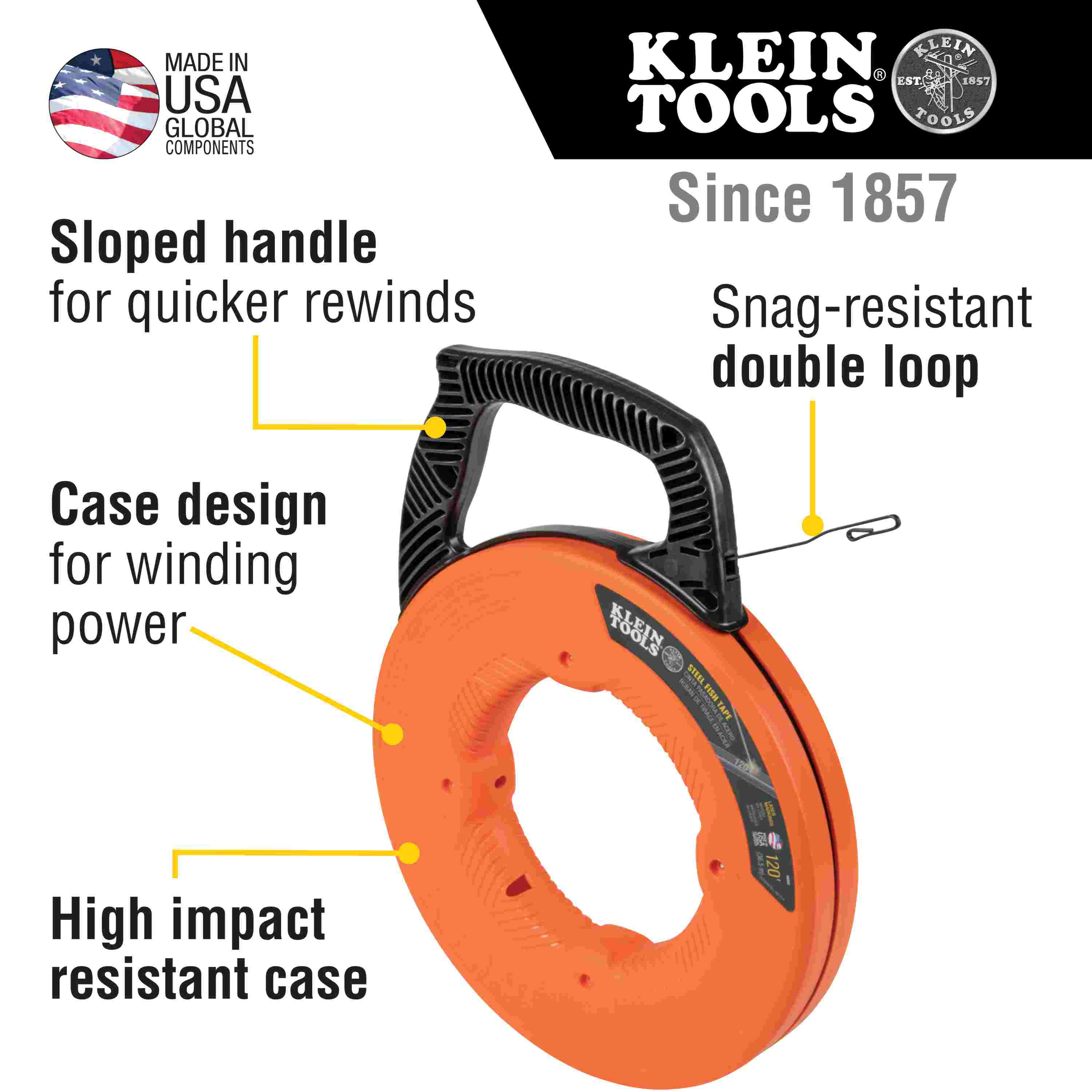 Infographic of the fish tape highlighting features including the sloped handle for quicker rewinds, high impact resistant case, and snag-resistant double loop.